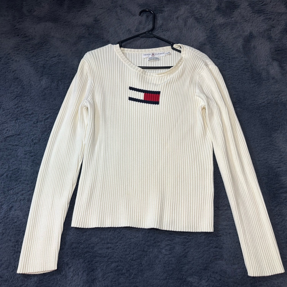 Vintage Tommy Hilfiger Rib Knitted Top Long Sleeve XL  With Flag In Middle